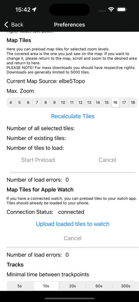 OSM Maps - Preferences screen for preloading map tiles and setting track intervals in OSM Maps