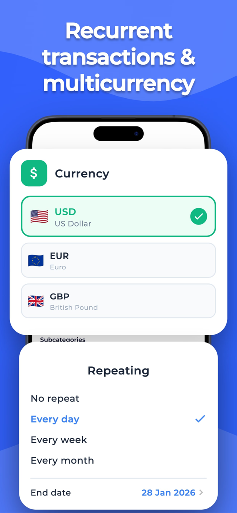 Expense Tracker: Budget AI - Interface of Expense Tracker Budget AI showing currency selection and recurring transaction settings.