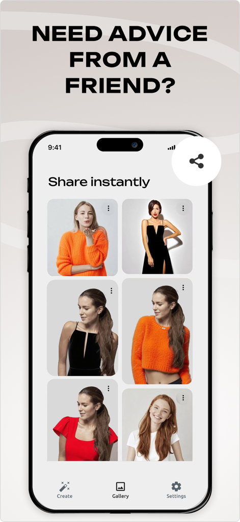 Fitly: Outfit Creator - Captura de pantalla de la aplicación Fitly que muestra una galería de looks de moda generados por IA con una opción para compartir instantáneamente para pedir consejo