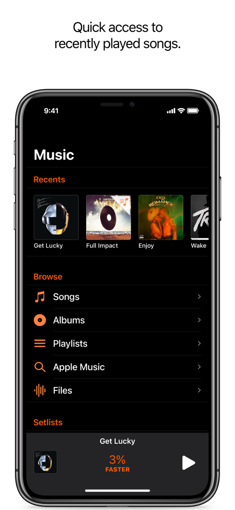 Interface of the Perfect Tempo app showing recently played songs and navigation menus for Apple Music and local files.