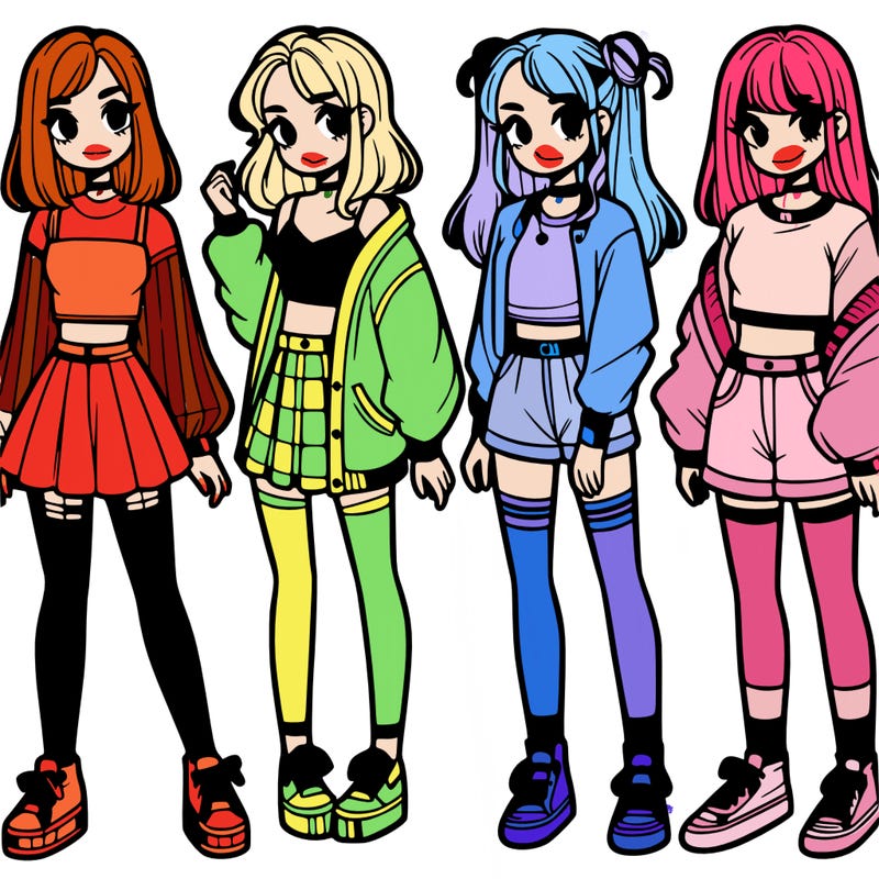 one girl with crop-top shirt and a jacket with a skirt, long socks and another girl with a shirt and pants with a jacket