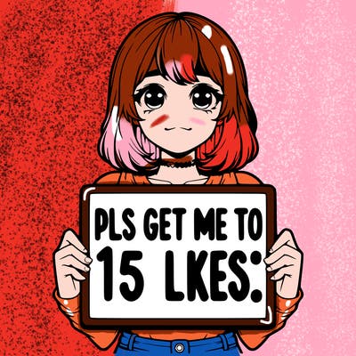 realistic girl holding up a sign that says “pls get me to 15 likes!”