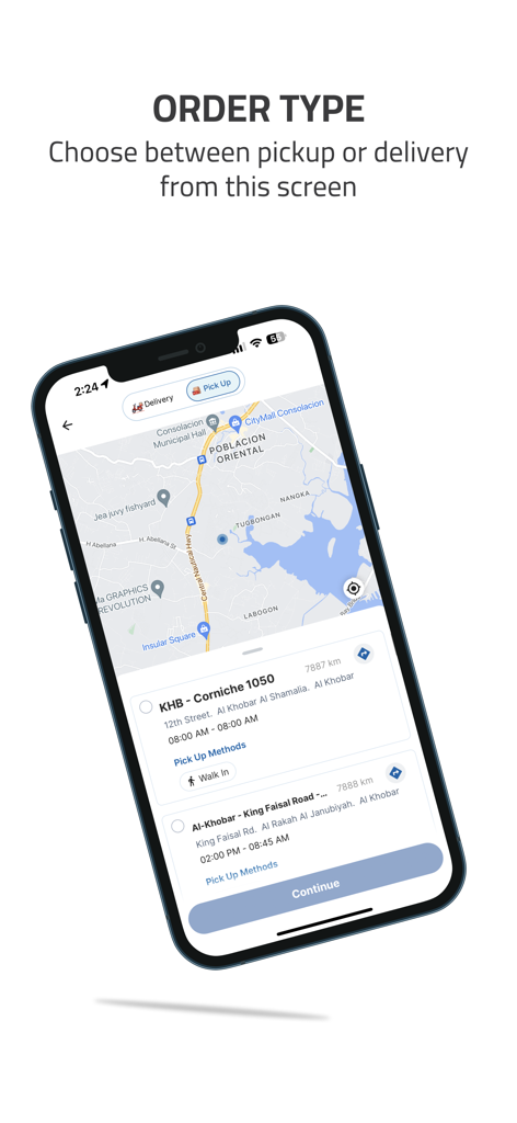 Herfy App - Herfy App screen for choosing between delivery and pickup with an interactive map showing restaurant locations