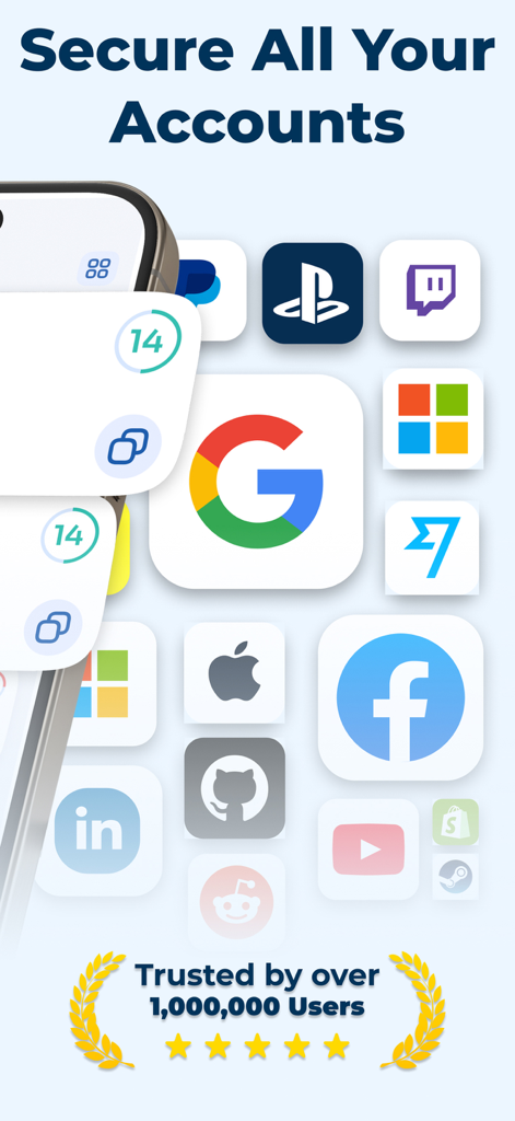 Authenticator App - 2FA &. MFA - Screenshot of the Authenticator app showing 2FA support for popular platforms like Google and Facebook with a trust badge for over one million users