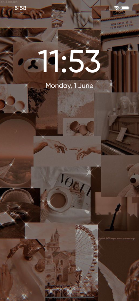 Pantalla de bloqueo de iPhone que muestra un fondo de pantalla collage estético preppy en tonos marrones con imágenes vintage y brillos