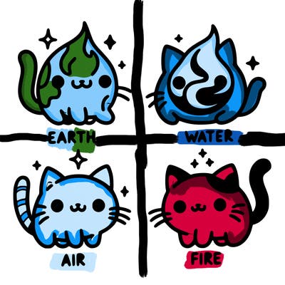 4 cats that represent the different elements, earth, water, air, and fire