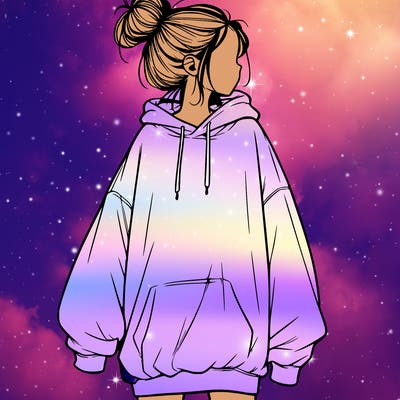 realistic girl with a oversized sweatshirt on and a bun
