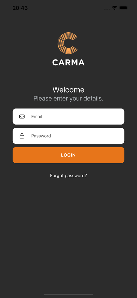 Tela de login do aplicativo CARMA International