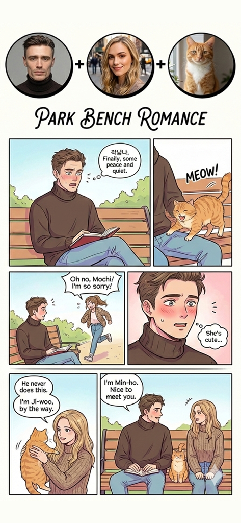 Comic Maker: Manga & Manhwa - A demonstration of transforming real photos of a man, woman, and cat into a romantic manhwa comic strip titled Park Bench Romance.
