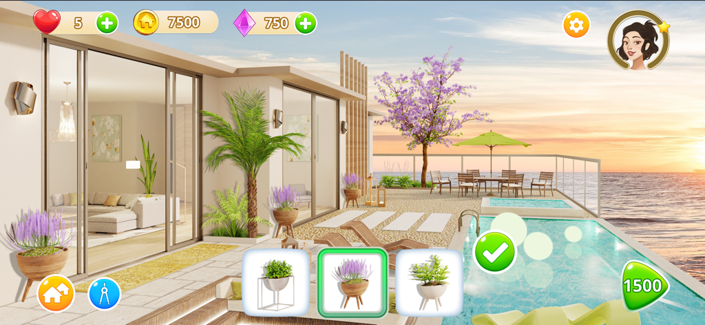 Designing a luxury outdoor terrace with a pool and ocean view in the Homematch game