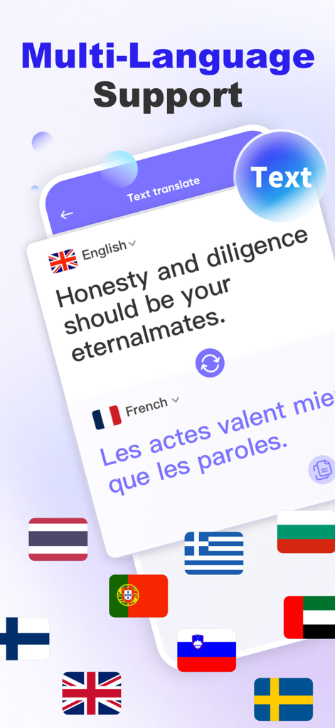 GlobaTalk AI - Interface de l'application GlobaTalk AI montrant la traduction de texte de l'anglais vers le français avec divers drapeaux nationaux