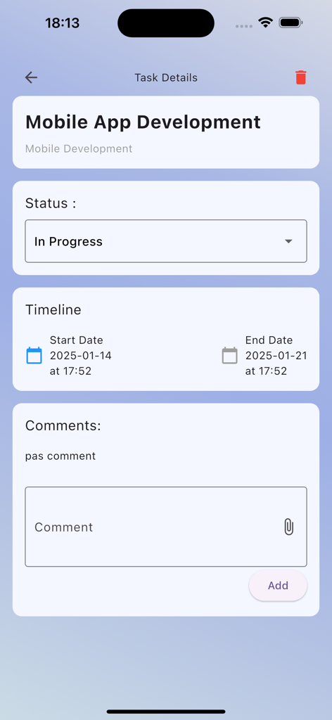 TaskFlow: Simple Project Timer - Task details view in the TaskFlow app showing status, project timeline, and comments section.