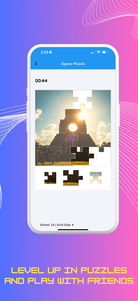 Interfaccia di puzzle nell'app AIKO con un'immagine generata dall'AI di un tempio