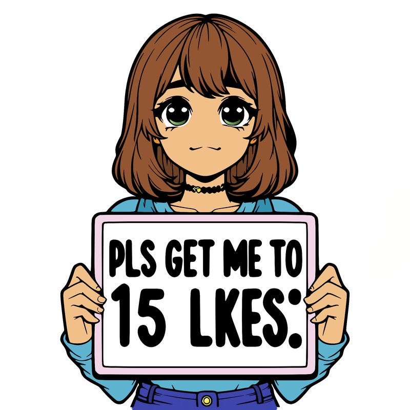 realistic girl holding up a sign that says “pls get me to 15 likes!”