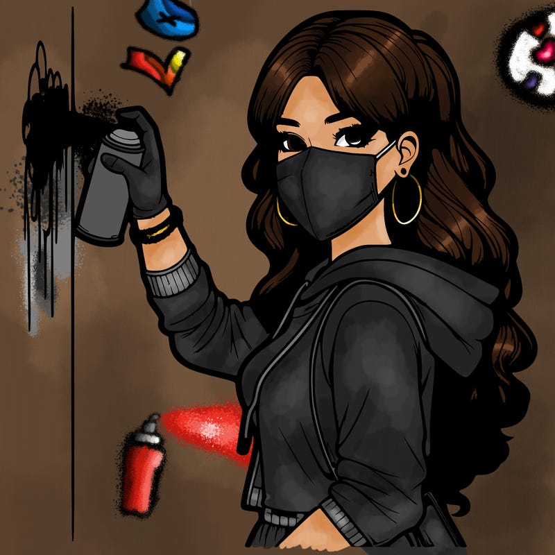 realistic girl with mask spray painting a wall