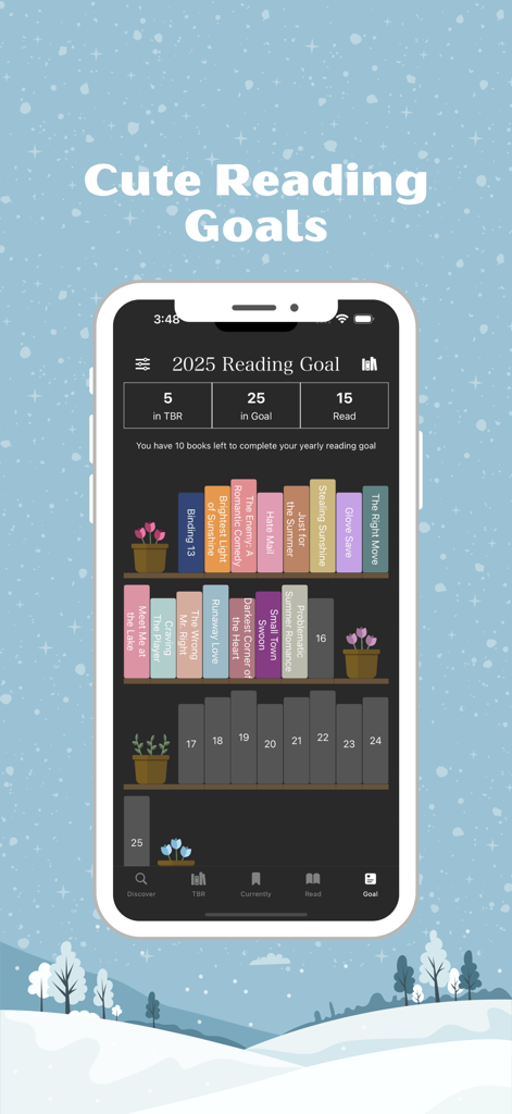 Smartphone screen showing the TBR Bookshelf app with a digital library and yearly reading goal tracker