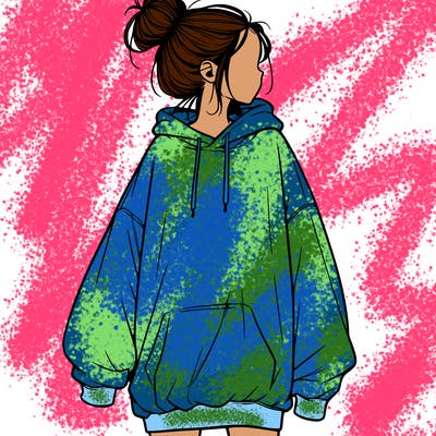 realistic girl with a oversized sweatshirt on and a bun