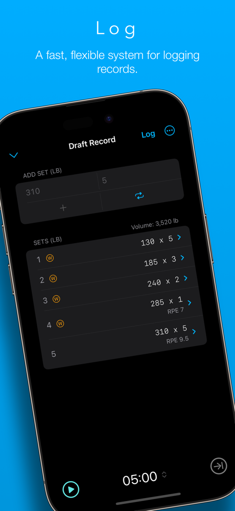 Lift Assist – Training Log - Interface de l'application Lift Assist montrant un journal d'entraînement avec des séries, des poids et des valeurs RPE sur un écran en mode sombre
