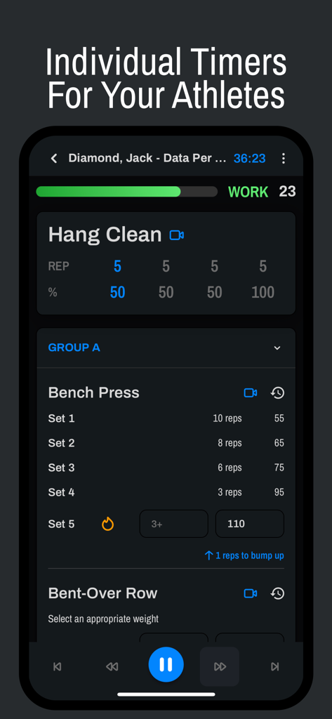 Interface do aplicativo RackCoach mostrando um temporizador de treino individual para atletas e rastreamento de exercícios para treinadores de força
