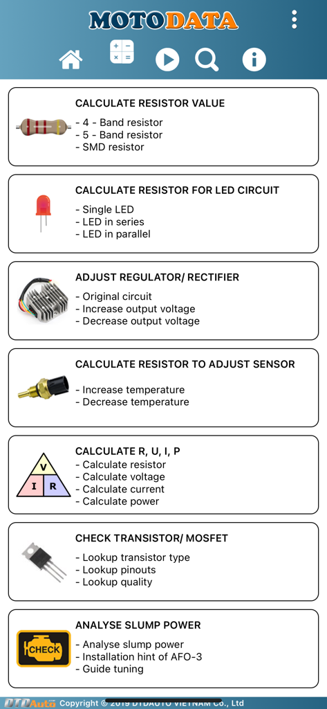 MOTODATA - Interfaz de la aplicación MOTODATA mostrando herramientas de cálculo eléctrico para electrónica de motocicletas