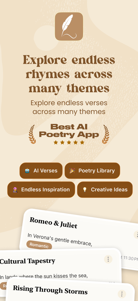 Die Benutzeroberfläche der KI-Gedichtgenerator-App, die Funktionen wie kreative Verse und Gedichtthemen anzeigt.