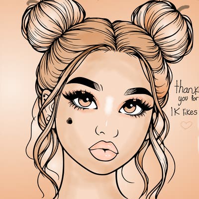 realistic girl with two buns on her hair and lips