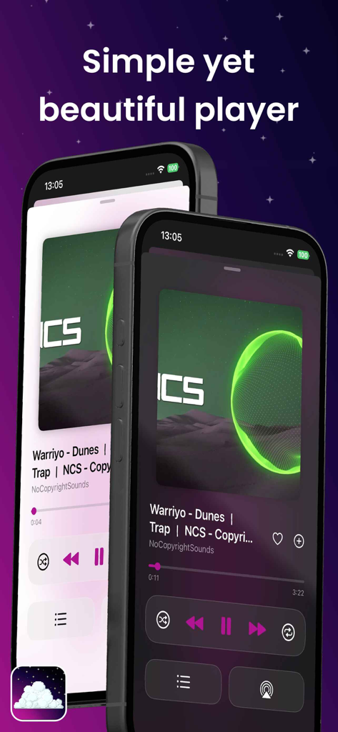 Cosmos : Offline Music Player - Cosmos music player interface displaying the playback screen in light and dark modes