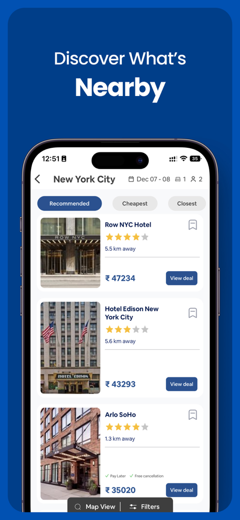 Cheap Hotels・Hotel booking app - Cheap Hotels app interface showing hotel search results in New York City.