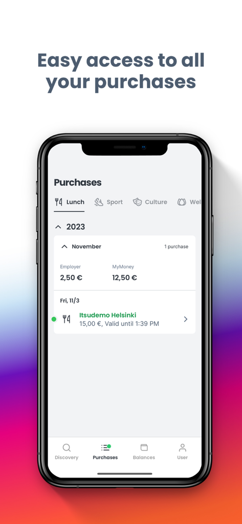 Epassi - Screenshot of the Epassi app purchase history showing lunch benefit transactions and split payments.