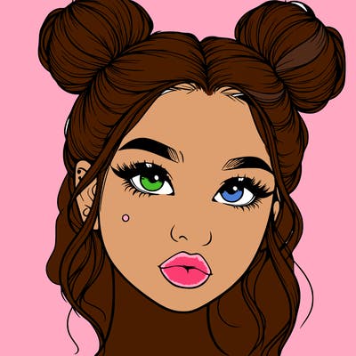 realistic girl with two buns on her hair and lips