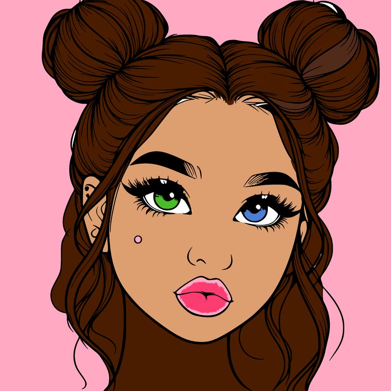 realistic girl with two buns on her hair and lips