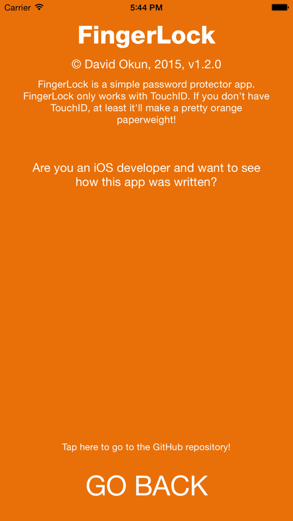 FingerLock - Protect Your Passwords - FingerLock about screen featuring an orange background with information about TouchID and a link to the GitHub repository
