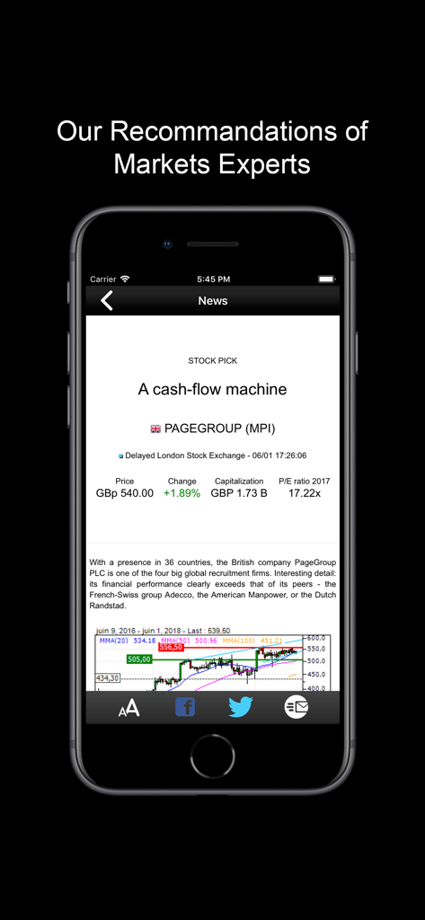 MarketScreener - Interfaccia dell'app MarketScreener che mostra raccomandazioni azionarie di esperti e analisi aziendali.