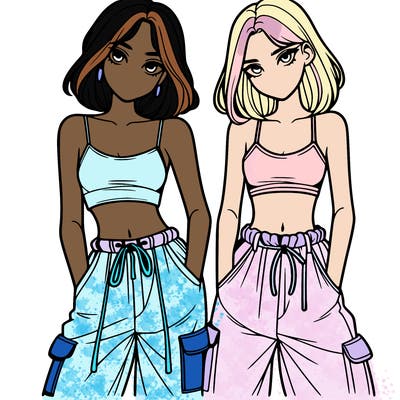 two girls with crop top with baggy pants