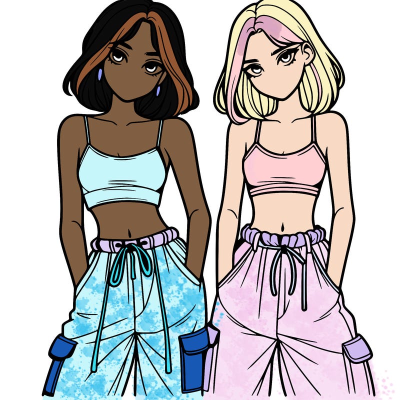 two girls with crop top with baggy pants