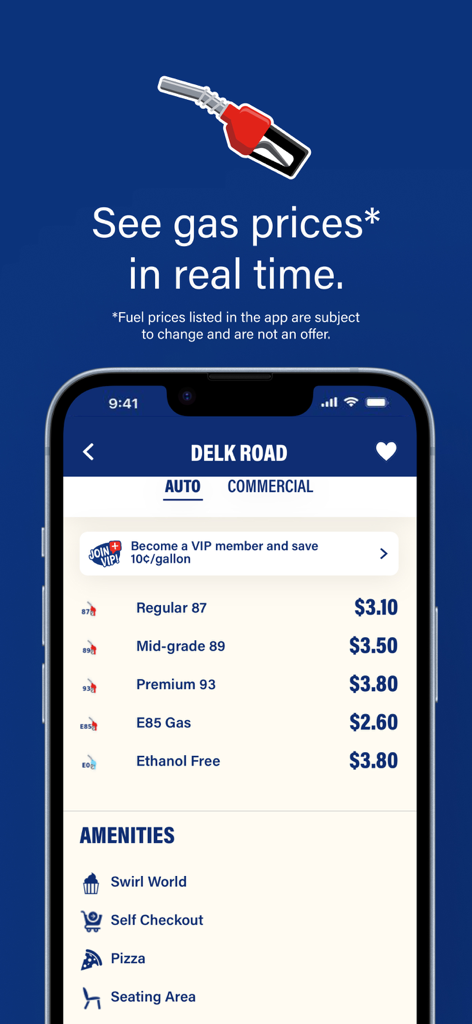 Interfaccia dell'app RaceTrac che mostra i prezzi del carburante in tempo reale per vari tipi di carburante e un elenco di servizi del negozio.