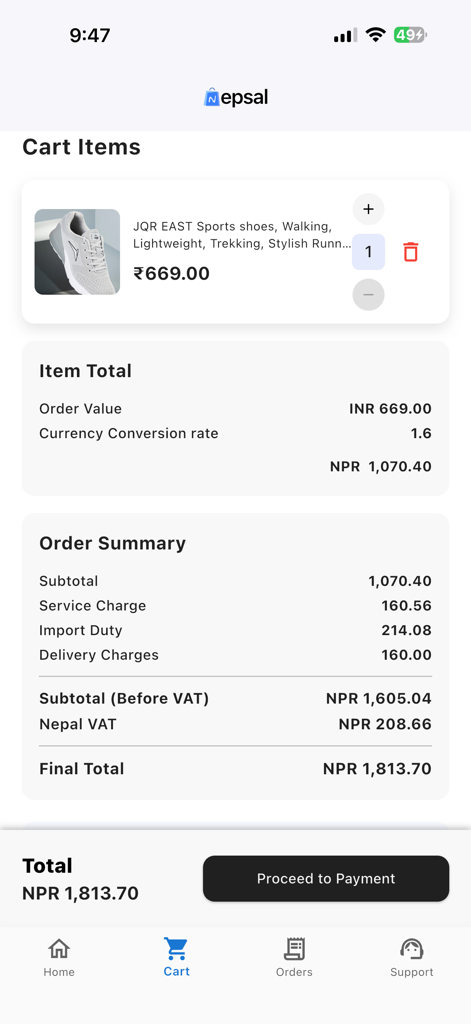 A screenshot of the NEPSAL app cart showing a sports shoe item, currency conversion from INR to NPR, and a transparent order summary with taxes and fees.
