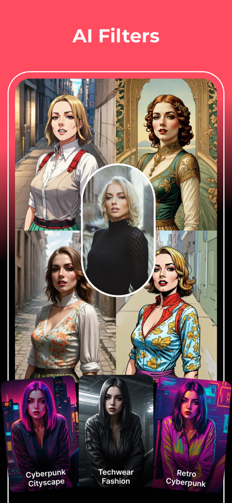 A woman's portrait transformed into various artistic styles including anime and cyberpunk using AI filters.