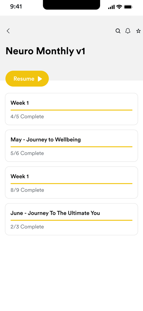 Panel de la aplicación móvil Neurotoned que muestra barras de progreso para varios viajes de curación somática y ejercicios semanales.