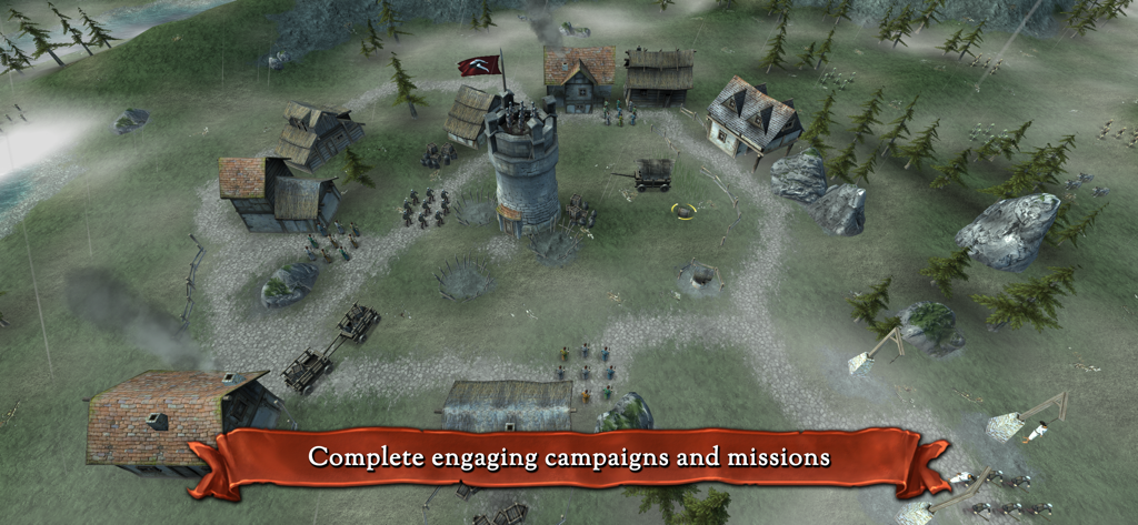 Isometric view of a medieval settlement with a central watchtower and army units in Hex Commander