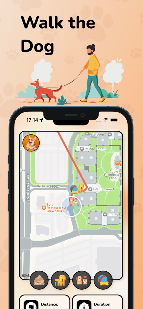 Dog bark translator sound walk - Screenshot of the Dog bark translator app walk tracker feature showing a map with a walking route and pet activity icons