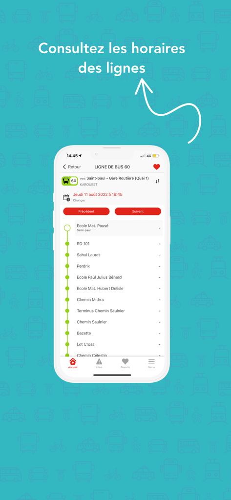 Mobile screen of the KAR'OUEST app displaying bus line 60 stops and schedules
