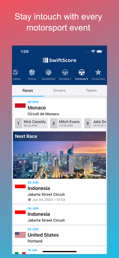 SwiftScore - Sports LiveScores - SwiftScore mobile app displaying Formula E race results and upcoming motorsport schedules