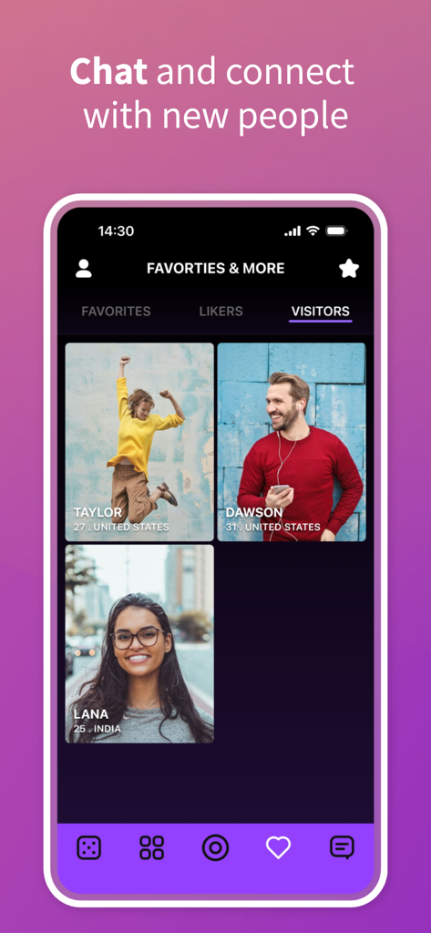 Zingy - Love at First Chat - Zingy app interface showing the visitors tab with user profile cards for social discovery