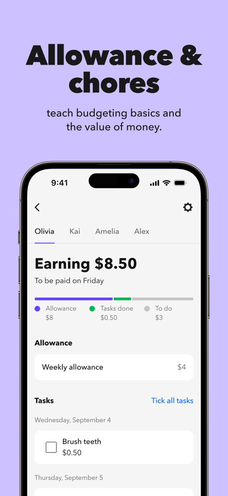 Acorns Early app screen showing a childs weekly allowance and completed chore tracking