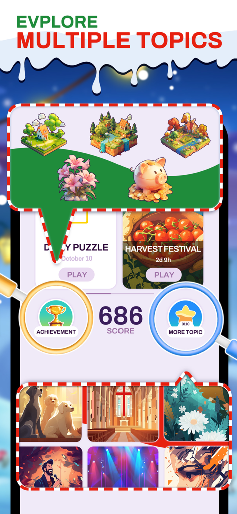 Cryptogram Word Puzzle Game - クリプトグラム単語パズルゲームで、複数のパズルトピックを探る画面。