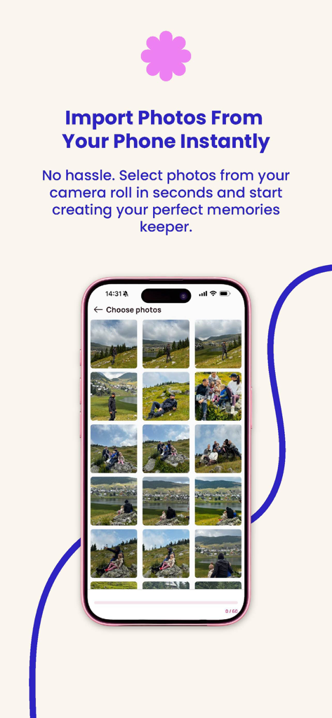 Yolobook - Yolobook app interface showing the selection of photos from a smartphone camera roll for a custom photo book.