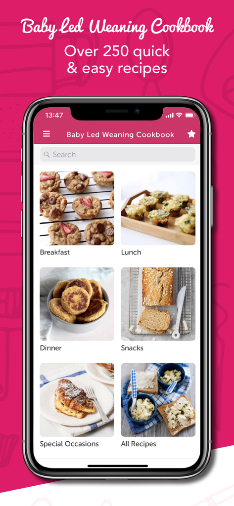 Baby Led Weaning Recipes - Pantalla de smartphone que muestra la página de inicio de la aplicación Recetas de Baby Led Weaning con categorías de comidas y una barra de búsqueda