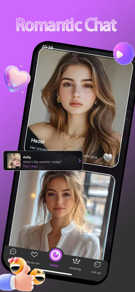 Maria. - Maria AI Friends app screenshot showing romantic chat feature with realistic AI companion profiles.
