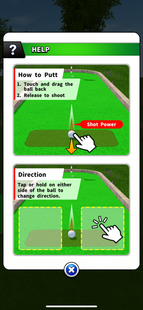 Help screen showing how to putt and change direction in Mini Golf 1000